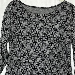 Soybu Black White Floral‎ Long Sleeve Shift Dress Size Medium Midi Length